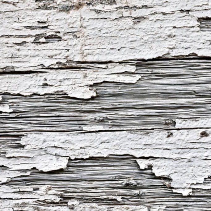 Close-up of peeling white paint on weathered wood siding, showing why exterior paint peels in cold climates.